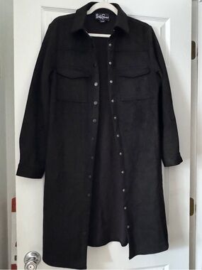 Black Suede Long Snap-Front Shirt Jacket